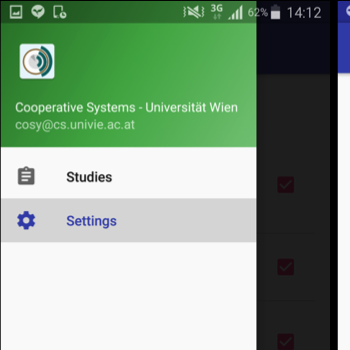 The CoConUT app for Android: Side menu and list of studies