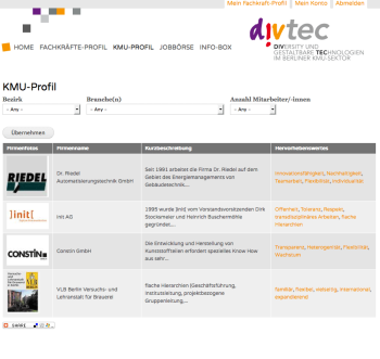 List of SME profiles from the Berlin sector on the Divtec portal